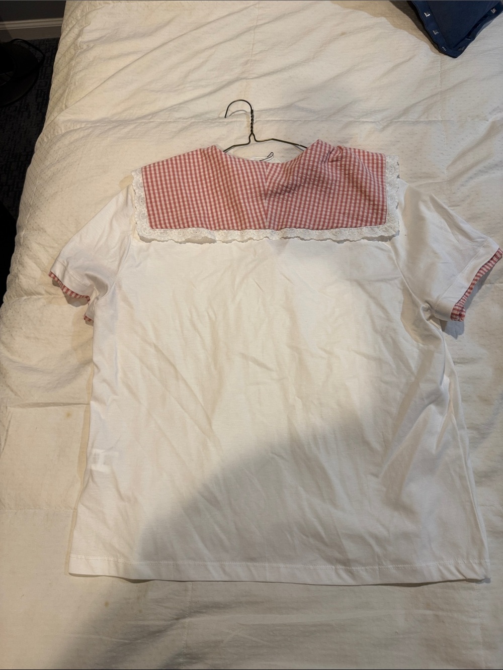 Zara White Short-Sleeve Top with Pink Gingham Sailor Collar - Picture 3 of 3